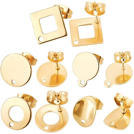 BENECREAT 30PCS 5 Styles Stainless Steel Stud Earrings Gold Round Square Stud Earrings for DIY Earring Making, 6pcs/Style