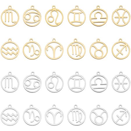 UNICRAFTALE 24pcs 2 Colors Twelve Constellations Charms Constellations Pendant Flat Round Zodiac Sign Charms Stainless Steel Hollow Pendants for Jewelry Making 1.6mm Hole