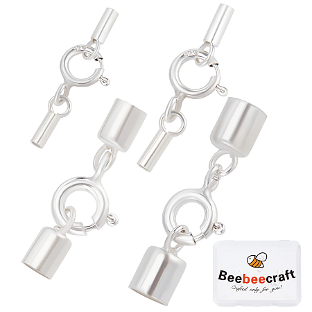 Beebeecraft 4 Sets 4 Size 925 Sterling Silver Cord End Caps Glue-in Crimp End Cap with Spring Lobster Clasp for Leather Cord Bracelets Necklaces DIY Making