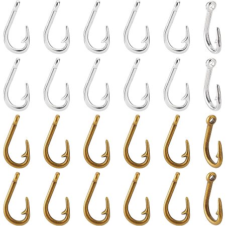 PandaHall Elite Fish Hook Charm, 40pcs 2 Colors Fishhooks Charms Pendants Tibetan Alloy Hook Pendants Metal Dangle Charms for DIY Jewelry Necklace Earrings Bracelet Making Accessories