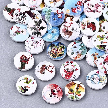 Honeyhandy 2-Hole Printed Natural Wood Buttons, Christmas Theme, Flat Round, Mixed Color, 15x4mm, Hole: 1.8mm