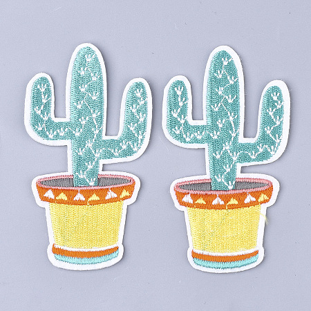 Honeyhandy Computerized Embroidery Cloth Iron On Patches, Costume Accessories, Appliques, Cactus, Turquoise, 94x53x1mm