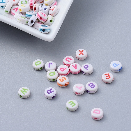 Arricraft Craft Style Flat Round Initial Acrylic Beads, Mixed Color, 7x3.5mm, Hole: 2mm