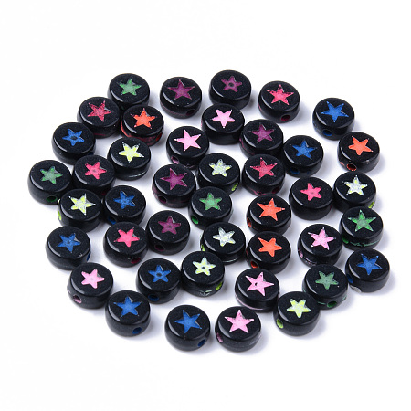 Honeyhandy Opaque Black Acrylic Beads, Flat Round with Mixed Color Star, 7x3.5mm, Hole: 1.5mm