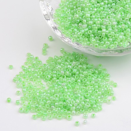 Honeyhandy 12/0 Ceylon Round Glass Seed Beads, Pale Green, Size: about 2mm in diameter, hole:1mm, about 3303pcs/50g