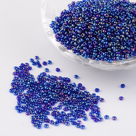 FGB 12/0 Round Glass Seed Beads, Transparent Colours Rainbow, Royal Blue, 2x1.5mm, Hole: 0.9mm, about 3300pcs/50g