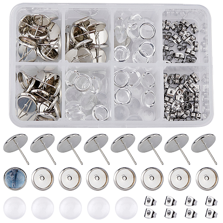 SUNNYCLUE DIY Earring Making Kits, with Brass Stud Earring Settings, 10mm Transparent Clear Half Round Glass Cabochons and 304 Stainless Steel Ear Nuts, Platinum, 180pcs/set