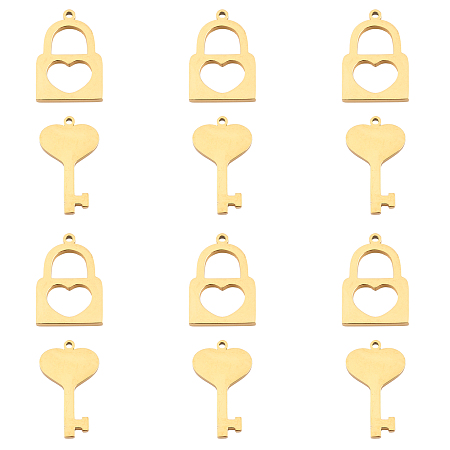 Unicraftale 304 Stainless Steel Charms, Laser Cut, Polishing, Key and Lock, Golden, 17~20x13mm, Hole: 1mm, 12pcs/box
