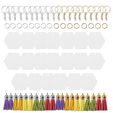 Arricraft DIY Tassel Keychain Making Kit, Including Iron Jump Rings & Split Key Rings, Hexagon Acrylic Blank Big Pendants, Faux Suede Tassel Pendant Decorations, Mixed Color, Key Rings: 55x27.5x2mm, 2 colors, 10pcs/color, 20pcs/box