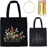 WADORN DIY Canvas Tote Bag Embroidery Kit, Black Canvas Bag Flower Cross Stitch Kit with Pattern and Instruction Personalized Bag Funny Hand Needlepoint Kit Include Hoops Color Threads and Needles