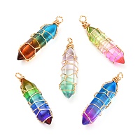 ARRICRAFT Glass Pendants, with Glass Double Terminated Point Beads and Real 18K Gold Plated Brass Findings, Bullet, Mixed Color, 37~39x10.5x9.5mm, Hole: 2~3mm