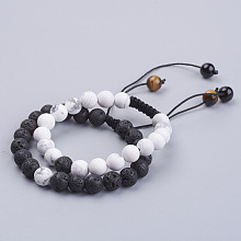 Honeyhandy Natural Lava Rock & Howlite Round Beaded Bracelets for Men, Braided Bead Bracelets, with Natural Tiger Eye & Synthetic Black Stone, 1-7/8 inch(49mm)