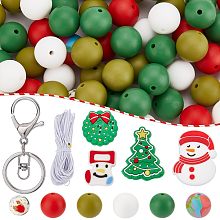 SUNNYCLUE Christmas Keychain Making Kit Slicone Christmas Beads Winter Tree Snowman Sock Silicone Bead 15mm Green Red Round Silicone Beads Spacer Loose Beads for Jewelry Making Kits Party Gifts