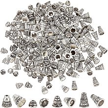 PandaHall Elite 200pcs Pagoda Bead Caps, 4 Style 7.5~10mm Bead Cones Tibetan Style Bead End Spacers Alloy Bead Stopper Terminators for DIY Earring Bracelet Pendant Jewelry Making, Antique Silver