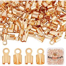 Beebeecraft 1 Box 200Pcs Fold Over Cord Ends 18K Gold Plated Fold-Over End Caps Leather Ribbon Ending Clasp for Jewelry Making, 9.5x5mm