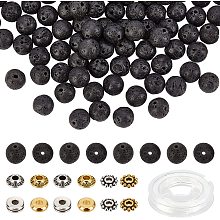 NBEADS 320 Pcs Natural Lava Bracelets Making kit, Including 200 Pcs Black Lava Beads 120 Pcs Tibetan Style Alloy Spacer Beads 11 Yds Elastic Thread Volcanic Lava Stone Rock Beads for Jewelry Making