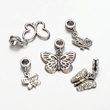 Honeyhandy Mixed Tibetan Style Alloy  Butterfly European Dangle Charms, Large Hole Pendants, Antique Silver, 24~33x13~25mm, Hole: 5mm