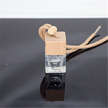 Honeyhandy Empty Glass Perfume Bottle Pendants, Aromatherapy Fragrance Essential Oil Diffuser Bottle, with Coffee Color Cord, Car Hanging Decor, with Wood Lid, Square, 3.88x2.63cm