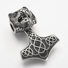 Honeyhandy 304 Stainless Steel Pendants, Thor's Hammer with Tiger, Antique Silver, 43x30x19.5mm, Hole: 6mm