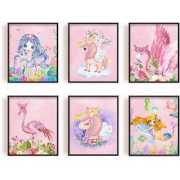 SUPERDANT 6 Pcs Pink Unicorn Wall Art Prints Cartoon Little Mermaid Room Decor Wall Art Prints Party Decorations for Wall Art Decor Flamingo Canvas Wall Art for Girls' Room Decor No Frame