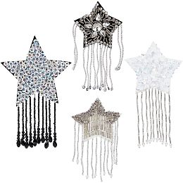 BENECREAT 4 Styles Star Glass Beads Tassel Appliques, Sequin Tassel Beaded Patch, Tassel Star Crystal Iron on Patch for DIT Jeans Hat Garment Decoration Sewing