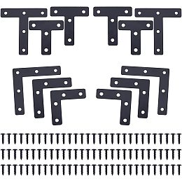 CHGCRAFT Black Corner Brace Set 12 Pcs L Shape Right Angle Brackets Fastener and 12 Pcs T Shape Frame Corner with 100 Pcs Screws for Wood Shelves Chair Tables Dressers Furniture, 50/60/80mm