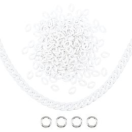 PandaHall Elite Acrylic Linking Rings, 200pcs White Quick Link Connectors Open Linking Rings with 4pcs Metal Spring Gate Rings for DIY Purse Bag Eyeglass Chain Pocket Chain Jean Chains Making