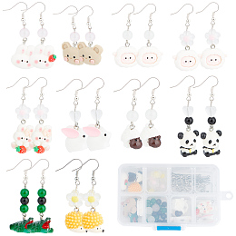 SUNNYCLUE DIY Animal Dangle Earring Making Kit, Including Hedgehog & Lamb & Crocodile Resin Pendants, Glass & Acrylic Heart Beads, Brass Earring Hooks, Mixed Color, 100Pcs/box