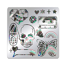 BENECREAT Y2k Metal Stencils, Butterfly Cell Phone Skeleton Tape Stainless Steel Stencils Journal Template for Wood Carving Drawings Woodburning Engraving Scrapbooking Project, 6x6"