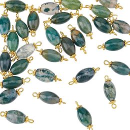 DICOSMETIC 30Pcs Natural Stone Pendants Links Oval Crystal Stone Link Charms Moss Agate Gemstone Connectors with Brass Double Loop for Jewelry Making Craft, Hole: 1.8mm