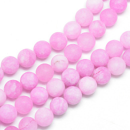 Honeyhandy Natural White Jade Bead Strands, Dyed, Frosted, Round, Hot Pink, 8~9mm, Hole: 1mm, about 46~48pcs/strand, 14.9 inch