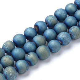 Honeyhandy Electroplated Natural Druzy Geode Agate Bead Strands, Matte Style, Round, Green Plated, 8~9mm, Hole: 1mm, about 46pcs/strand, 14.7 inch