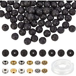 NBEADS 320 Pcs Natural Lava Bracelets Making kit, Including 200 Pcs Black Lava Beads 120 Pcs Tibetan Style Alloy Spacer Beads 11 Yds Elastic Thread Volcanic Lava Stone Rock Beads for Jewelry Making