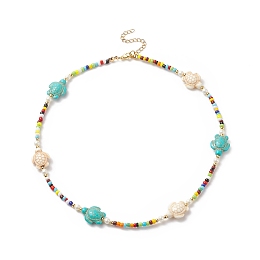 Honeyhandy Tortoise Dyed Synthetic Turquoise & Shell Pearl & Glass Seed Beaded Necklace, Ocean Theme Jewelry for Women, Colorful, 17.28 inch(43.9cm)