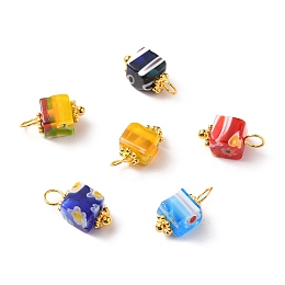 Honeyhandy Handmade Millefiori Glass Charms, with Alloy Spacer Beads and Brass Ball Head Pins, Cube, Golden, Mixed Color, 12x6mm, Hole: 3mm