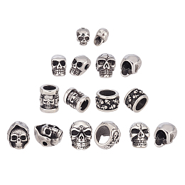 Unicraftale 8Pcs 8 Style 316 & 304 Surgical Stainless Steel Beads, Rondelle/Column with Skull & Skull Head, Antique Silver, 9~15.5x6~11mm, Hole: 1.5~8.5mm, 1pc/style