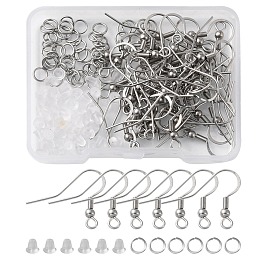 Honeyhandy 50Pcs 304 Stainless Steel French Hooks with Coil and Ball, Ear Wire, with 50Pcs Jump Rings and 50Pcs Plastic Ear Nuts, Stainless Steel Color, 18~20x21mm, Hole: 2.5mm, 21 Gauge, Pin: 0.7mm