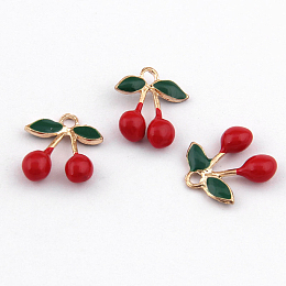 Honeyhandy Alloy Enamel Pendants, Cherry, Light Gold, 17x13mm