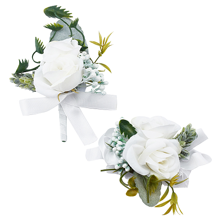 CRASPIRE 2PCS Flower Wrist Corsage Wedding Flowers Accessories Artificial White Rose Silk Elastic Wristband Boutonniere Buttonholes Groom and Bride