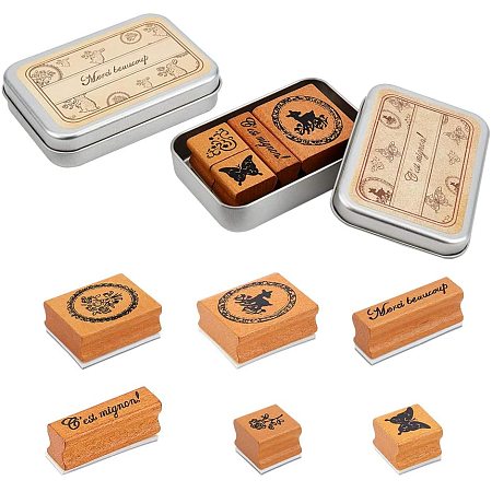 NBEADS 8 Pcs Wooden Rubber Stamps, Animal Pattern Printed Ink Stamps with Iron Boxes Decorative Rabbit Flower Butterfly Deer Rubber Stamp Set for DIY Craft, Letters Diary and Craft Scrapbooking