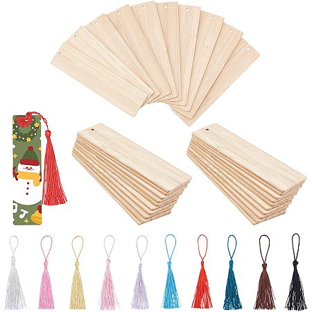 Pandahall Elite 30PCS Wood Bookmark Blanks with 60pcs Tassels, Rectangle Solid Wooden Bookmarks Unfinished Wood Tags and Colorful Tassels for Birthday Wedding Party Gift