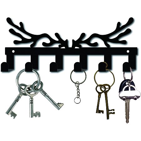 CREATCABIN Metal Key Holder Black Key Hooks Wall Mount Hanger Decor Iron Hanging Organizer Rock Decorative with 6 Hooks Antler Pattern for Front Door Entryway Cabinet Towel 10.6 x 4.3 x 1.5 inches