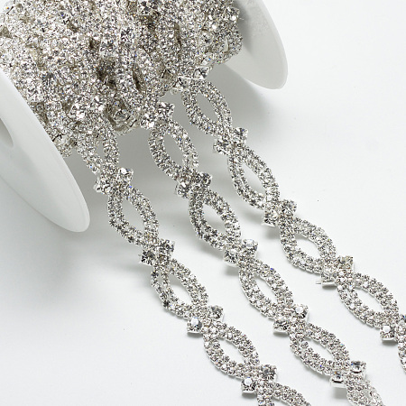 Wedding Dress Decorative Brass Rhinestone Chains, with Spool, Rhinestone Cup Chain, Silver Color Plated, 14x4.5mm; about 5yards/roll