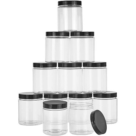 Pandahall Elite 12pcs Containers with Lids, 240ml Clear Plastic Slime Jars, Empty Refillable Containers with Black Lids for Travel Storage Make Up, Eye Shadow, Nails, Powder, Paint, Jewelry