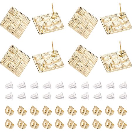 BENECREAT 20 Pcs Gold Plated Alloy Rhombus Stud Earring Findings with Loop, 50Pcs Plastic Ear Nuts and 20Pcs 304 Stainless Steel Ear Nuts