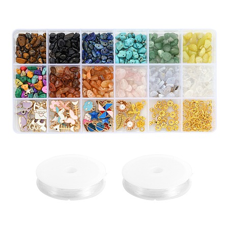 Honeyhandy DIY Jewelry Making Kits, 12 Colors Gemstone Chip Beads, 44Pcs Heart & Butterfly & Star Alloy Pendants, 30Pcs Brass Spacer Beads, Brass & Iron Findings, Zinc Alloy Lobster Claw Clasps, Elastic Crystal Thread, Mixed Color, Gemstone Chip Beads: 120g/set