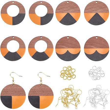 OLYCRAFT 50pcs Round Resin Wooden Earring Pendants Black Orange Resin Walnut Wood Earring Makings Kit Wood Earring Accessories with Earring Hooks Jump Rings for Earrings Necklace Making - 5 Styles