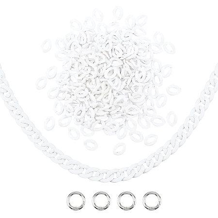 PandaHall Elite Acrylic Linking Rings, 200pcs White Quick Link Connectors Open Linking Rings with 4pcs Metal Spring Gate Rings for DIY Purse Bag Eyeglass Chain Pocket Chain Jean Chains Making