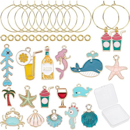 SUNNYCLUE 1 Box 16 Sets Ocean Beach Theme Wine Glass Charms Identifiers Markers Tags Summer Pendants & 16Pcs Ring Charm & 30Pcs Jump Ring for DIY Jewelry Making Party Favors Decorations