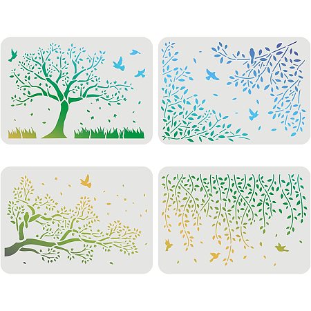 FINGERINSPIRE 4pcs Birds Tree Branches Stencils, 11.7x8.3 inch Flying Bird Stencil, Branches Stencil, Reusable Tree Stencils for Paintng on Wood, Floor, Wall, Fabric